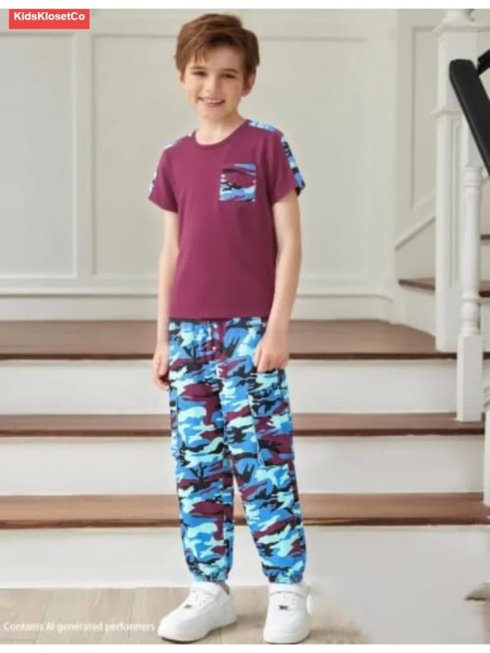 Boys Camo Cargo Pants & Short Sleeve Pocket Tee 2PC Set Kids Summer Tracksuit